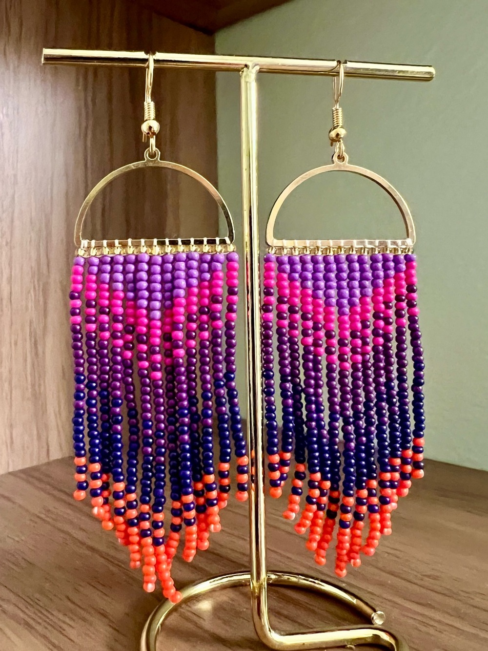 Handcrafted Purple & Pink Beaded Dangle Earrings